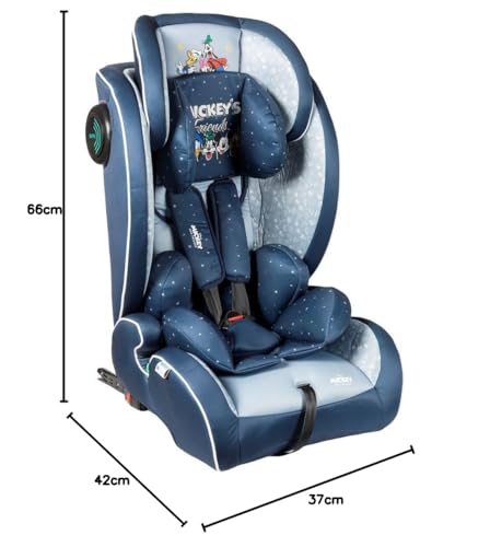 Disney Mickey Mouse Car Seat with ISOFIX Attachment for Child Safety with Height from 30 to 59 Inches with Mickey Mouse, Minnie, Donald, Pluto and Goofy Graphics on Blue Background
