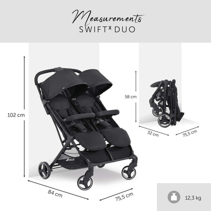 hauck Swift X Duo, Black - Twin Pushchair with Raincover, Side by Side Double Stroller (only 75 cm wide), Compact & One Hand Folding, Lie-Flat Position