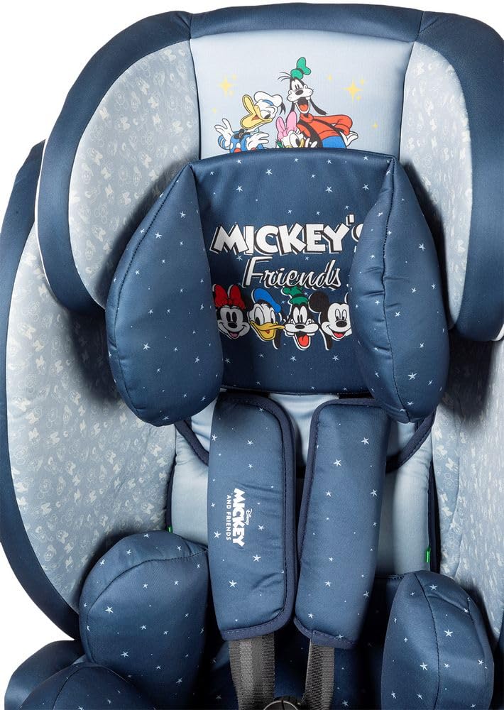 Disney Mickey Mouse Car Seat with ISOFIX Attachment for Child Safety with Height from 30 to 59 Inches with Mickey Mouse, Minnie, Donald, Pluto and Goofy Graphics on Blue Background