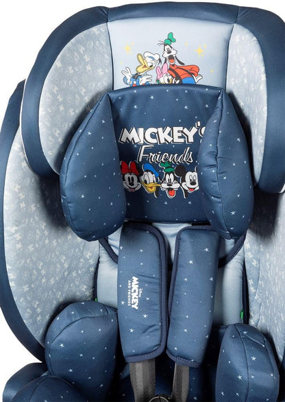 Disney Mickey Mouse Car Seat with ISOFIX Attachment for Child Safety with Height from 30 to 59 Inches with Mickey Mouse, Minnie, Donald, Pluto and Goofy Graphics on Blue Background