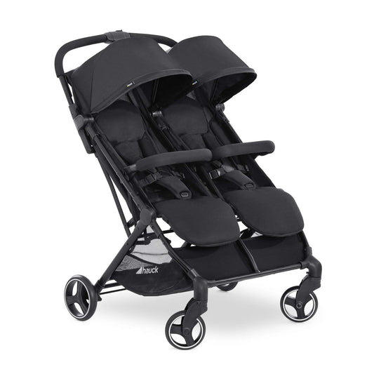 hauck Swift X Duo, Black - Twin Pushchair with Raincover, Side by Side Double Stroller (only 75 cm wide), Compact & One Hand Folding, Lie-Flat Position