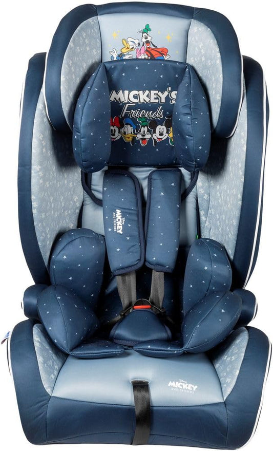 Disney Mickey Mouse Car Seat with ISOFIX Attachment for Child Safety with Height from 30 to 59 Inches with Mickey Mouse, Minnie, Donald, Pluto and Goofy Graphics on Blue Background