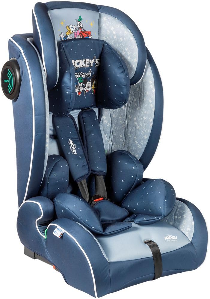 Disney Mickey Mouse Car Seat with ISOFIX Attachment for Child Safety with Height from 30 to 59 Inches with Mickey Mouse, Minnie, Donald, Pluto and Goofy Graphics on Blue Background