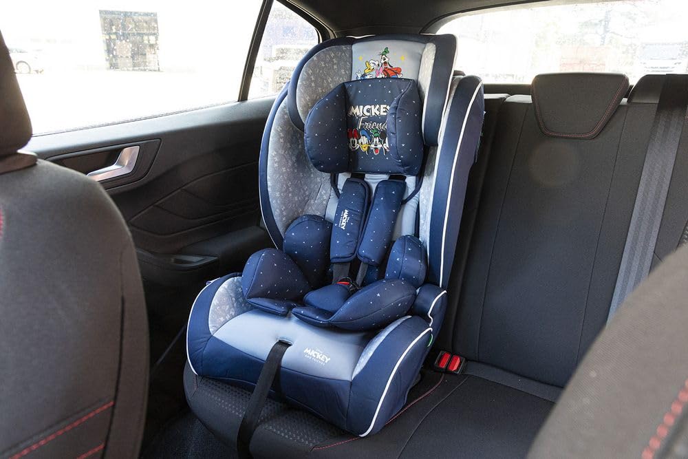 Disney Mickey Mouse Car Seat with ISOFIX Attachment for Child Safety with Height from 30 to 59 Inches with Mickey Mouse, Minnie, Donald, Pluto and Goofy Graphics on Blue Background