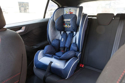 Disney Mickey Mouse Car Seat with ISOFIX Attachment for Child Safety with Height from 30 to 59 Inches with Mickey Mouse, Minnie, Donald, Pluto and Goofy Graphics on Blue Background