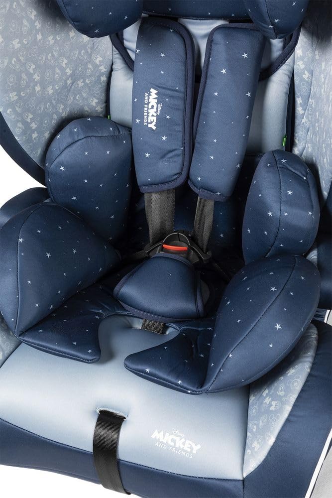 Disney Mickey Mouse Car Seat with ISOFIX Attachment for Child Safety with Height from 30 to 59 Inches with Mickey Mouse, Minnie, Donald, Pluto and Goofy Graphics on Blue Background
