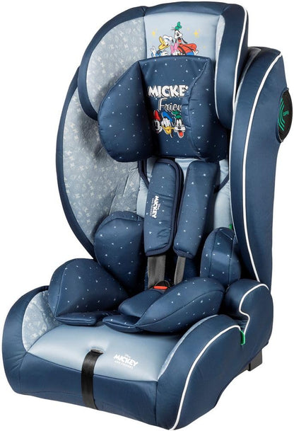 Disney Mickey Mouse Car Seat with ISOFIX Attachment for Child Safety with Height from 30 to 59 Inches with Mickey Mouse, Minnie, Donald, Pluto and Goofy Graphics on Blue Background