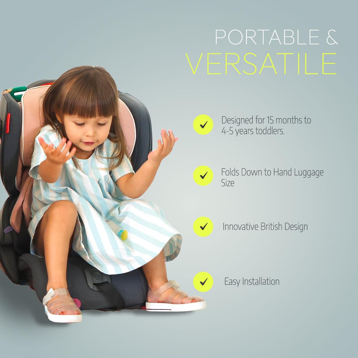RyRy Scallop Foldable & Compact Toddler Car Seat with Travel Bag – Isofix/Top Tether/Seat Belt Fittings – 4 Color Options – for Kids 15 Months+ – Premium British Design