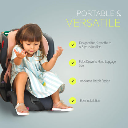 RyRy Scallop Foldable & Compact Toddler Car Seat with Travel Bag – Isofix/Top Tether/Seat Belt Fittings – 4 Color Options – for Kids 15 Months+ – Premium British Design