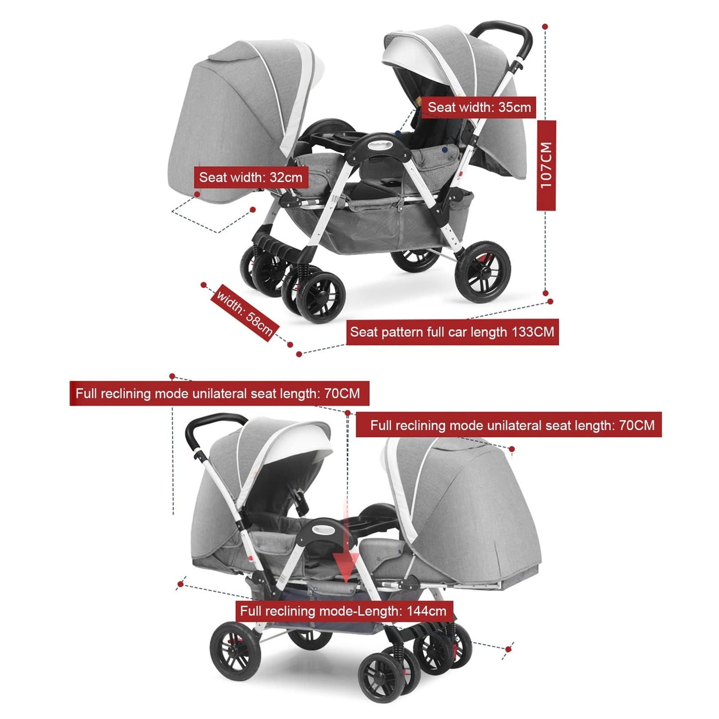 YCKEGEW Tandem Seating Baby Stroller Compact Twin Stroller-Face To Face,Foldable Umbrella Pushchair for Girls Boys,Oversized Canopy (Color : Silver Grey)