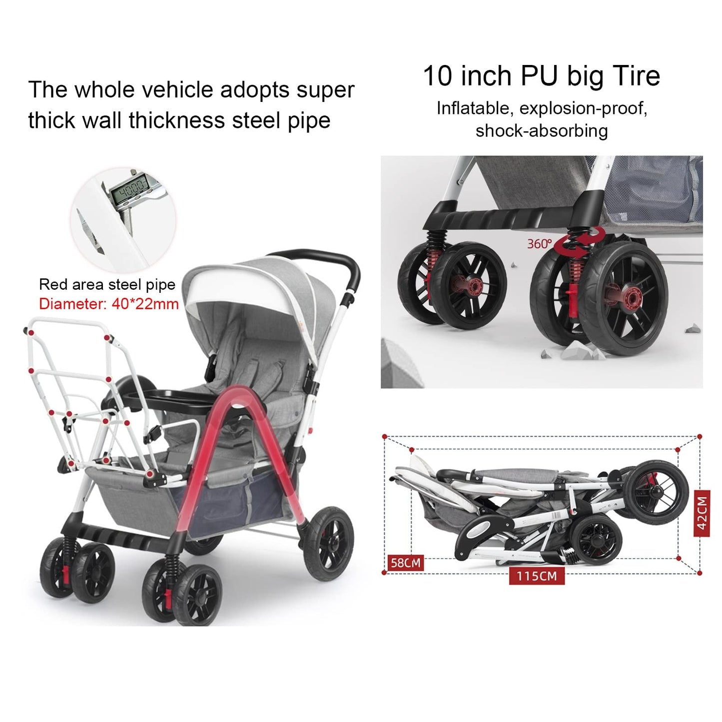 YCKEGEW Tandem Seating Baby Stroller Compact Twin Stroller-Face To Face,Foldable Umbrella Pushchair for Girls Boys,Oversized Canopy (Color : Silver Grey)
