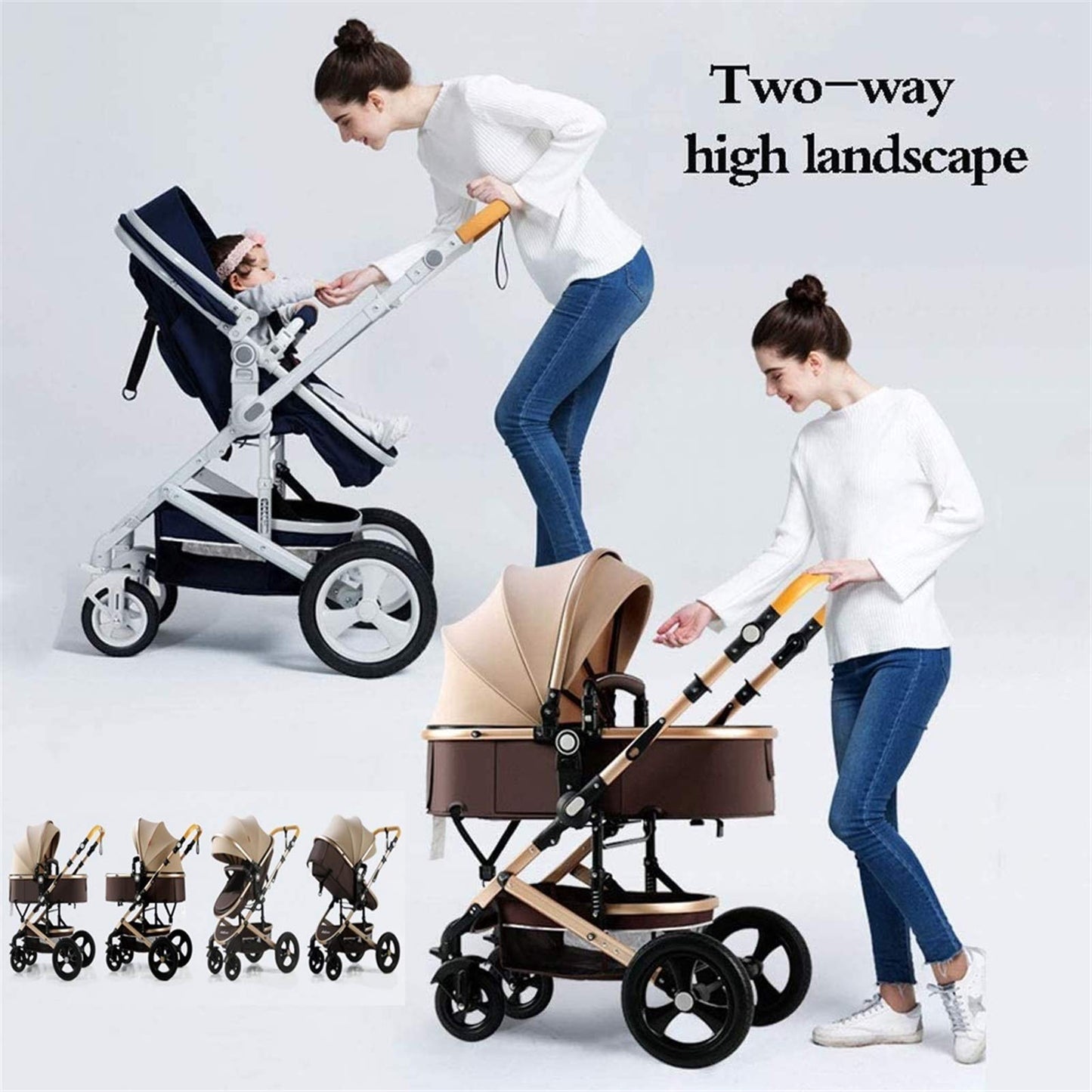 MEHWSUR Baby Stroller Pram Foldable High Landscape Infant Carriage Newborn Pushchair for Boys Girls,Adjustable Compact Single Stroller Foldable Aluminum Alloy Pushchair (Color : Brown)