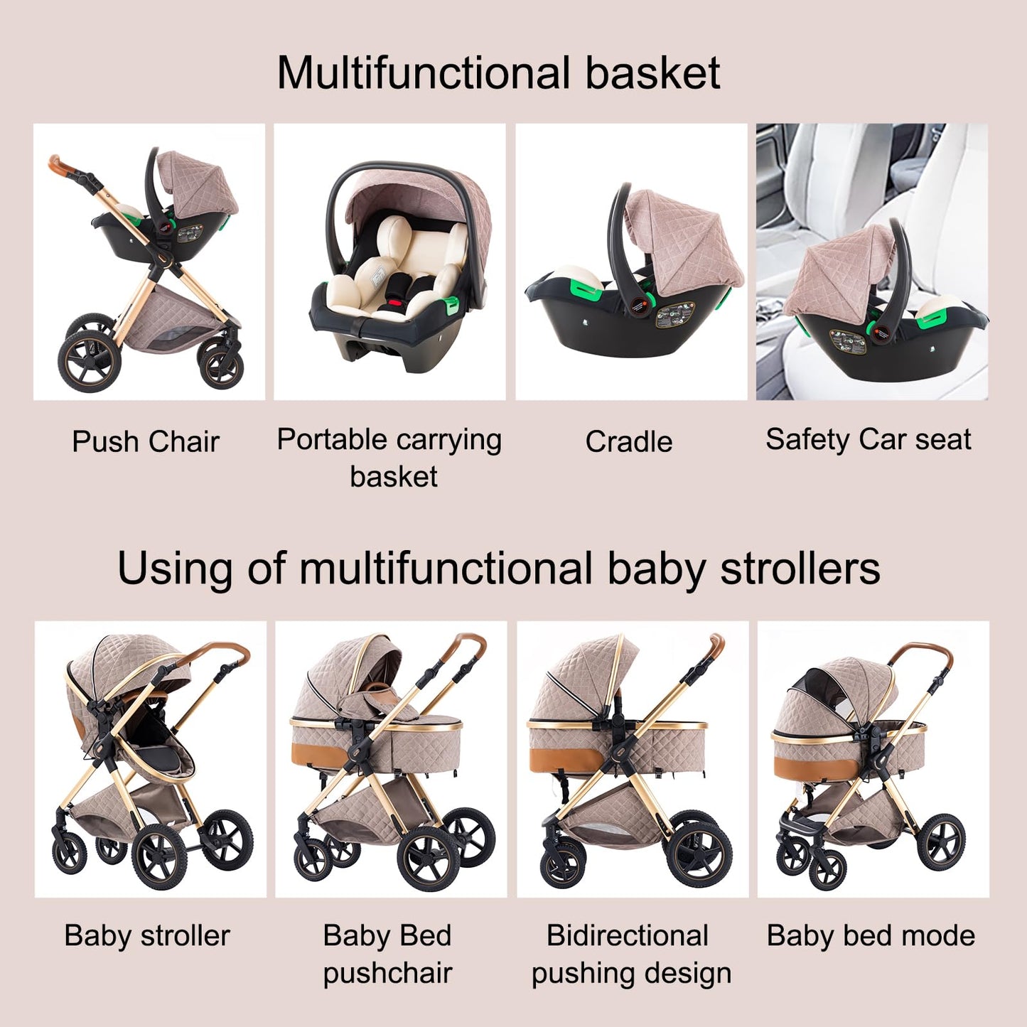 Shineey 3 in 1 Baby Stroller with Height Adjustable Handle,3 in 1 Prams Travel System, Lightweight Foldable Pushchair, Prams with Aluminum Frame for Portable Baby Carriage