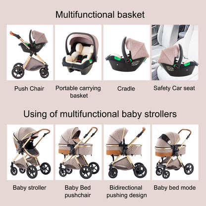 Shineey 3 in 1 Baby Stroller with Height Adjustable Handle,3 in 1 Prams Travel System, Lightweight Foldable Pushchair, Prams with Aluminum Frame for Portable Baby Carriage