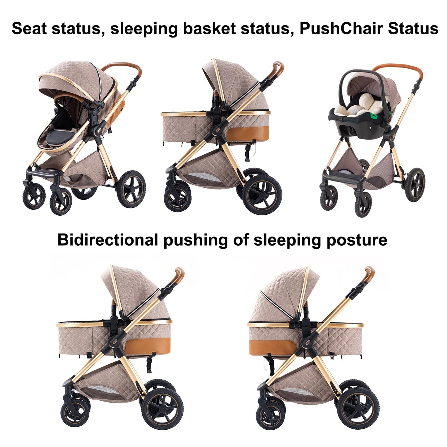 Shineey 3 in 1 Baby Stroller with Height Adjustable Handle,3 in 1 Prams Travel System, Lightweight Foldable Pushchair, Prams with Aluminum Frame for Portable Baby Carriage
