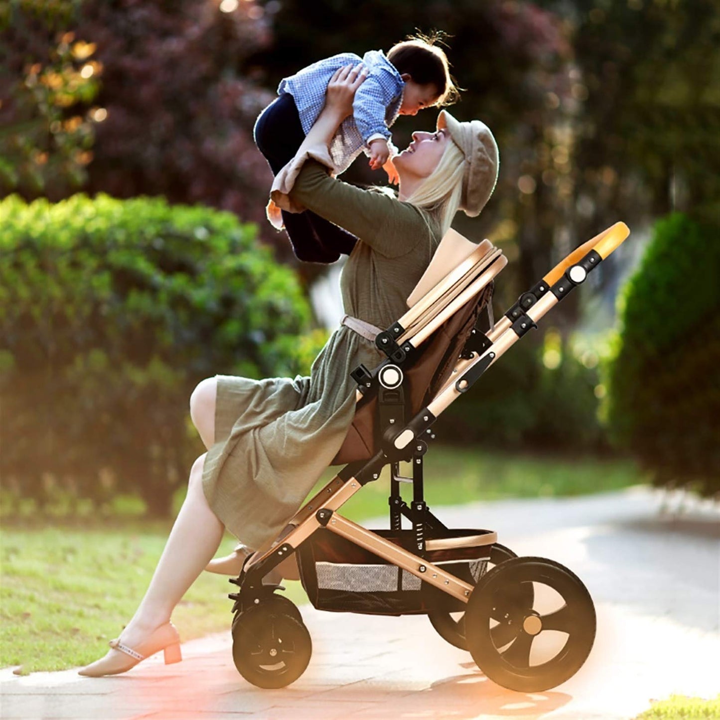 MEHWSUR Baby Stroller Pram Foldable High Landscape Infant Carriage Newborn Pushchair for Boys Girls,Adjustable Compact Single Stroller Foldable Aluminum Alloy Pushchair (Color : Brown)