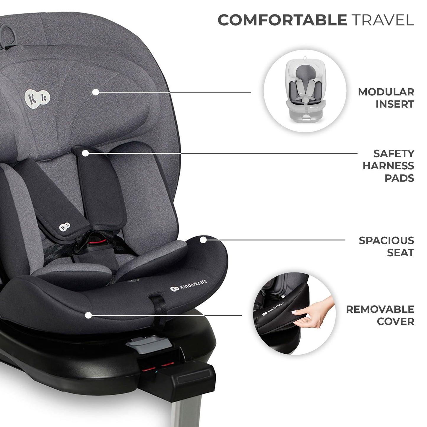 Kinderkraft I-360 Baby Car Seat, I-Size 40-150 cm, 0 to 36 kg, Gray