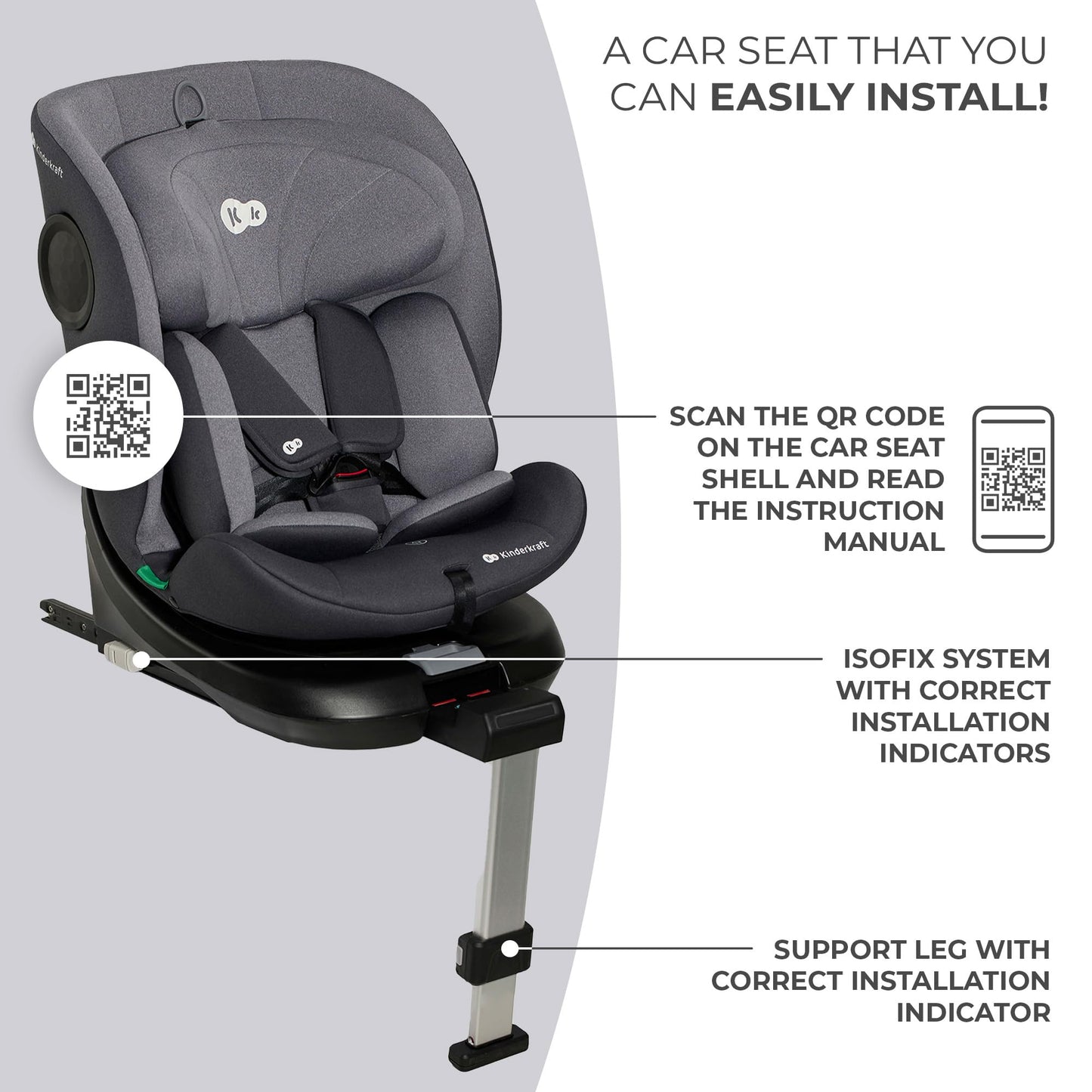 Kinderkraft I-360 Baby Car Seat, I-Size 40-150 cm, 0 to 36 kg, Gray