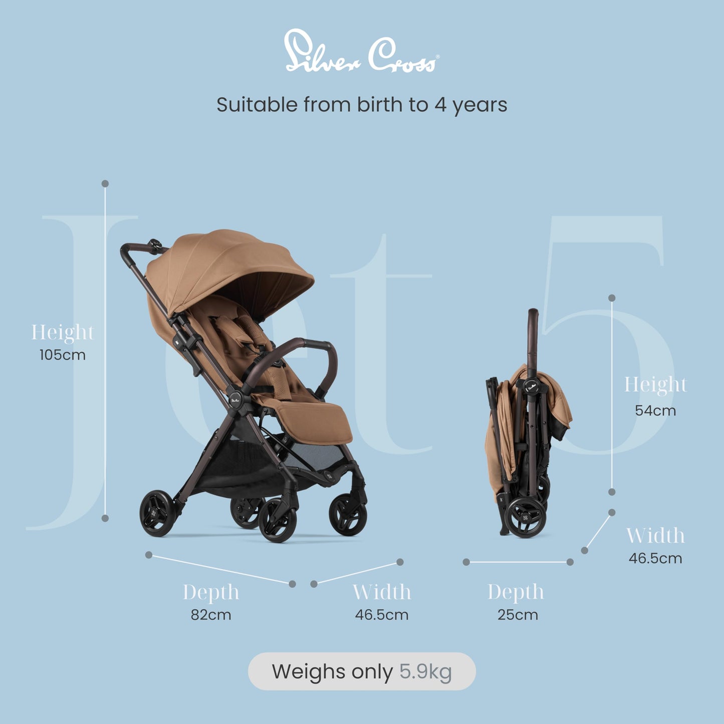 Silver Cross - Jet 5 Compact Pushchair - Travel Stroller - Foldable & Lightweight Stroller/Travel System - Cabin Size - Car Seat Compatible (Sold Separately) - Newborn to 4 Years - Cinnamon