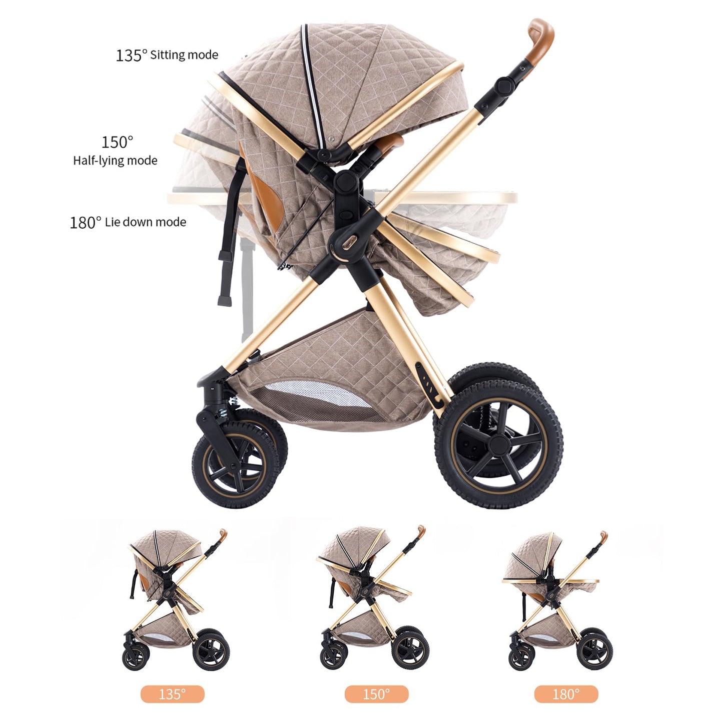 Shineey 3 in 1 Baby Stroller with Height Adjustable Handle,3 in 1 Prams Travel System, Lightweight Foldable Pushchair, Prams with Aluminum Frame for Portable Baby Carriage