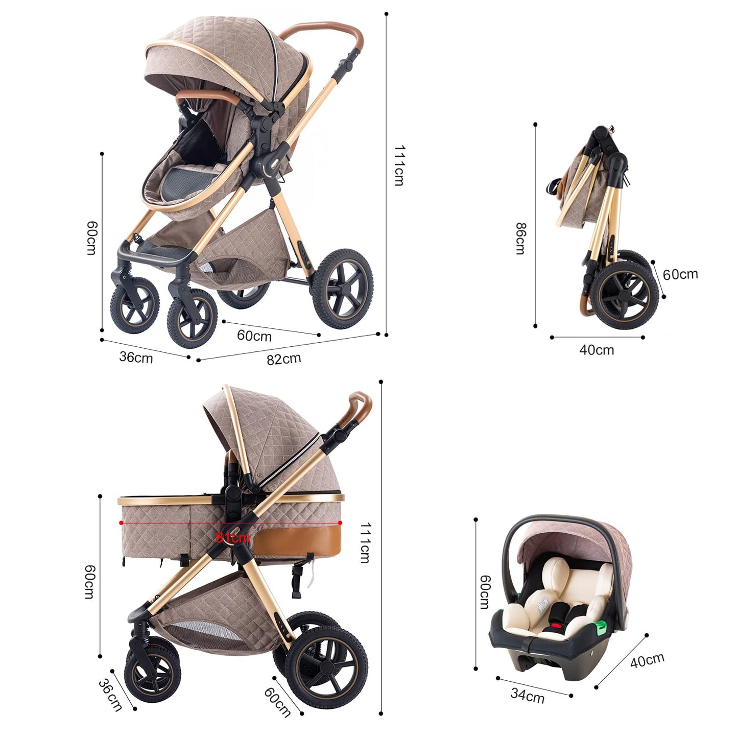 Shineey 3 in 1 Baby Stroller with Height Adjustable Handle,3 in 1 Prams Travel System, Lightweight Foldable Pushchair, Prams with Aluminum Frame for Portable Baby Carriage