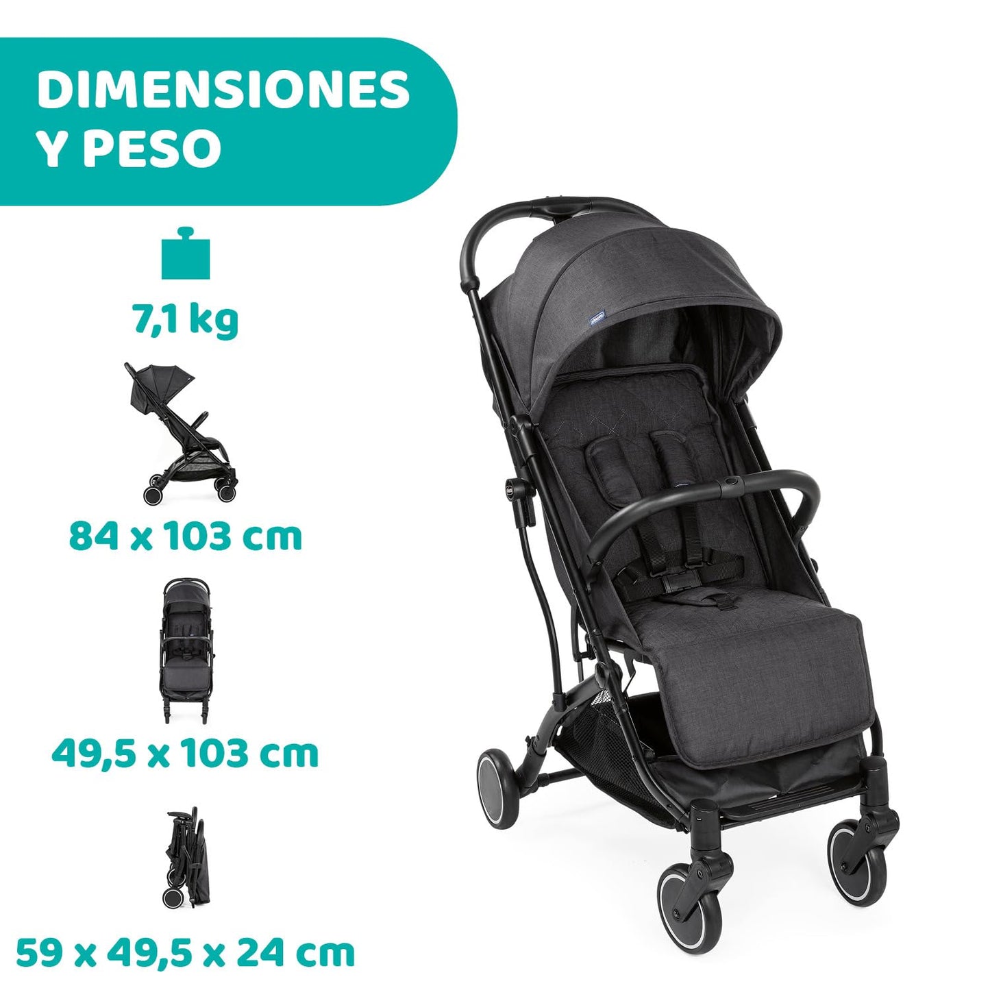 Chicco Trolley Me Lightweight Stroller Pushchair from Birth to 15 kg, Reclining and Folding Buggy with Trolley Function, Compact Closure, Rain Cover and Extendable Canopy - Grey