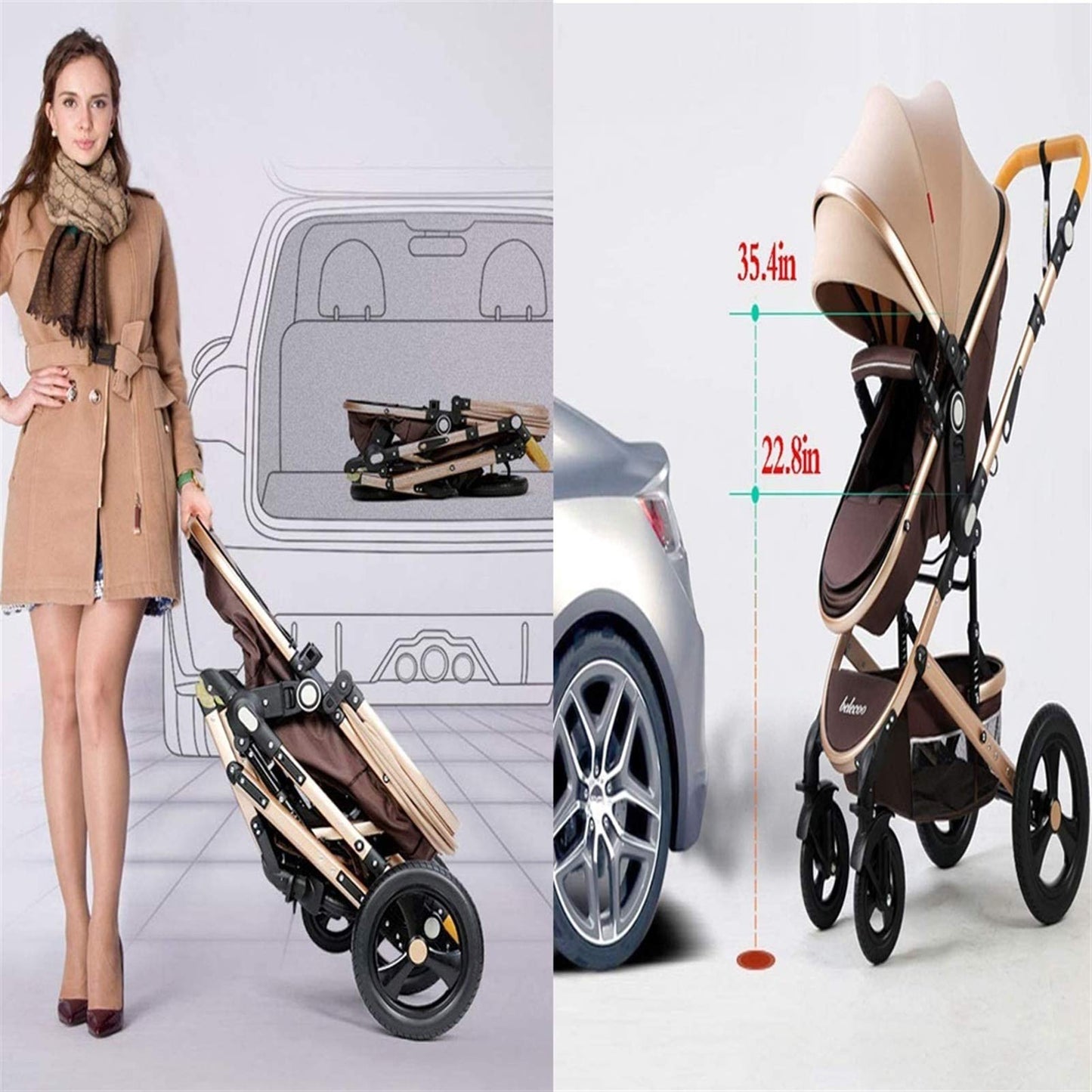 MEHWSUR Baby Stroller Pram Foldable High Landscape Infant Carriage Newborn Pushchair for Boys Girls,Adjustable Compact Single Stroller Foldable Aluminum Alloy Pushchair (Color : Brown)