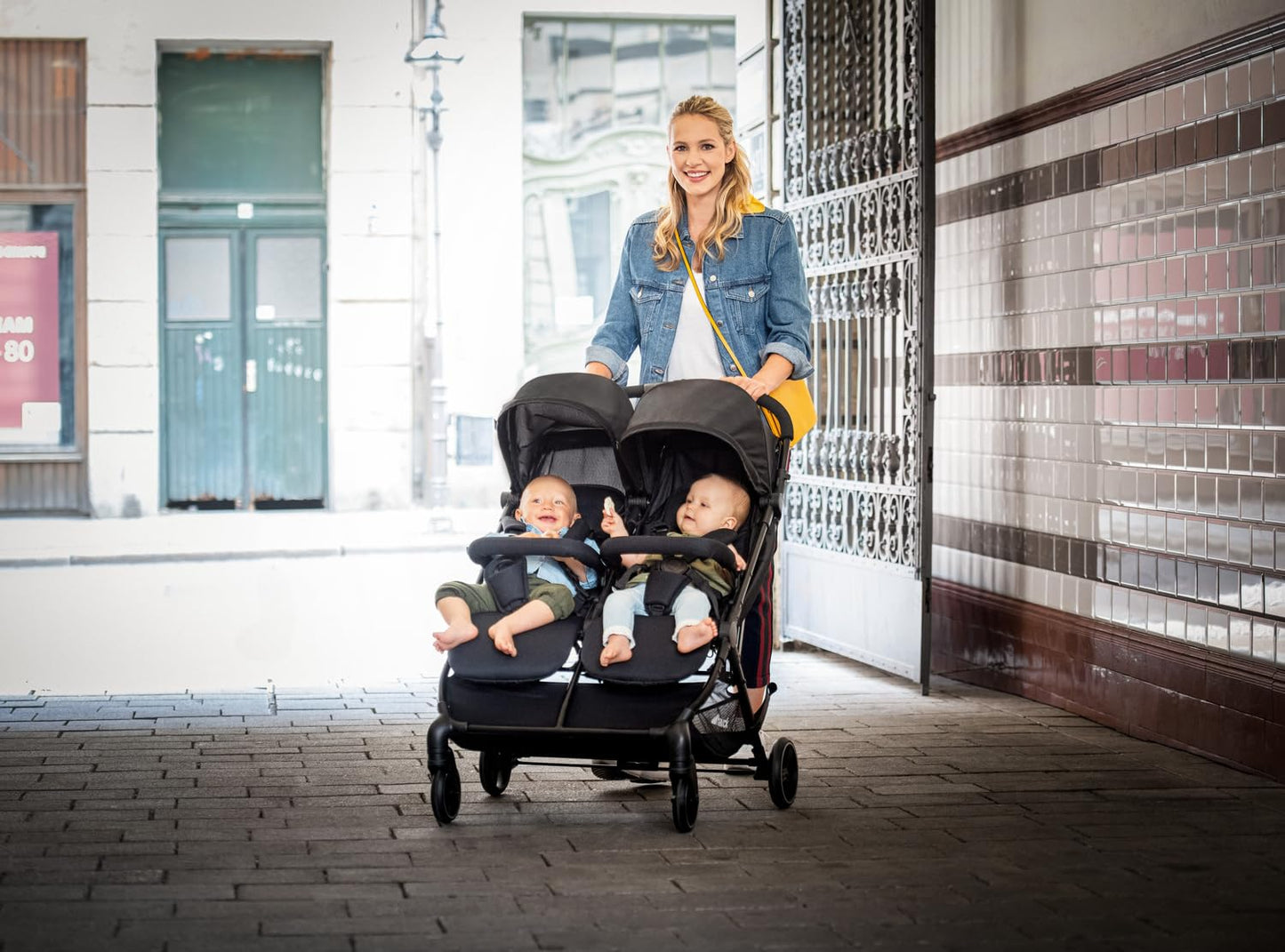 hauck Swift X Duo, Black - Twin Pushchair with Raincover, Side by Side Double Stroller (only 75 cm wide), Compact & One Hand Folding, Lie-Flat Position