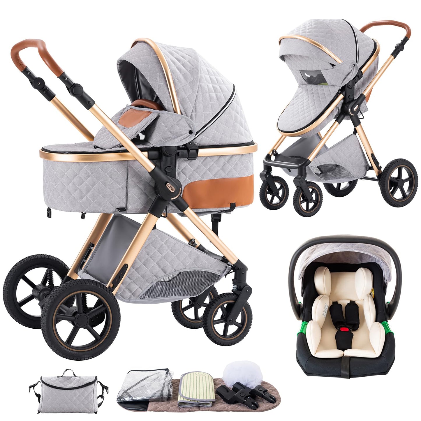 Shineey 3 in 1 Baby Stroller with Height Adjustable Handle,3 in 1 Prams Travel System, Lightweight Foldable Pushchair, Prams with Aluminum Frame for Portable Baby Carriage