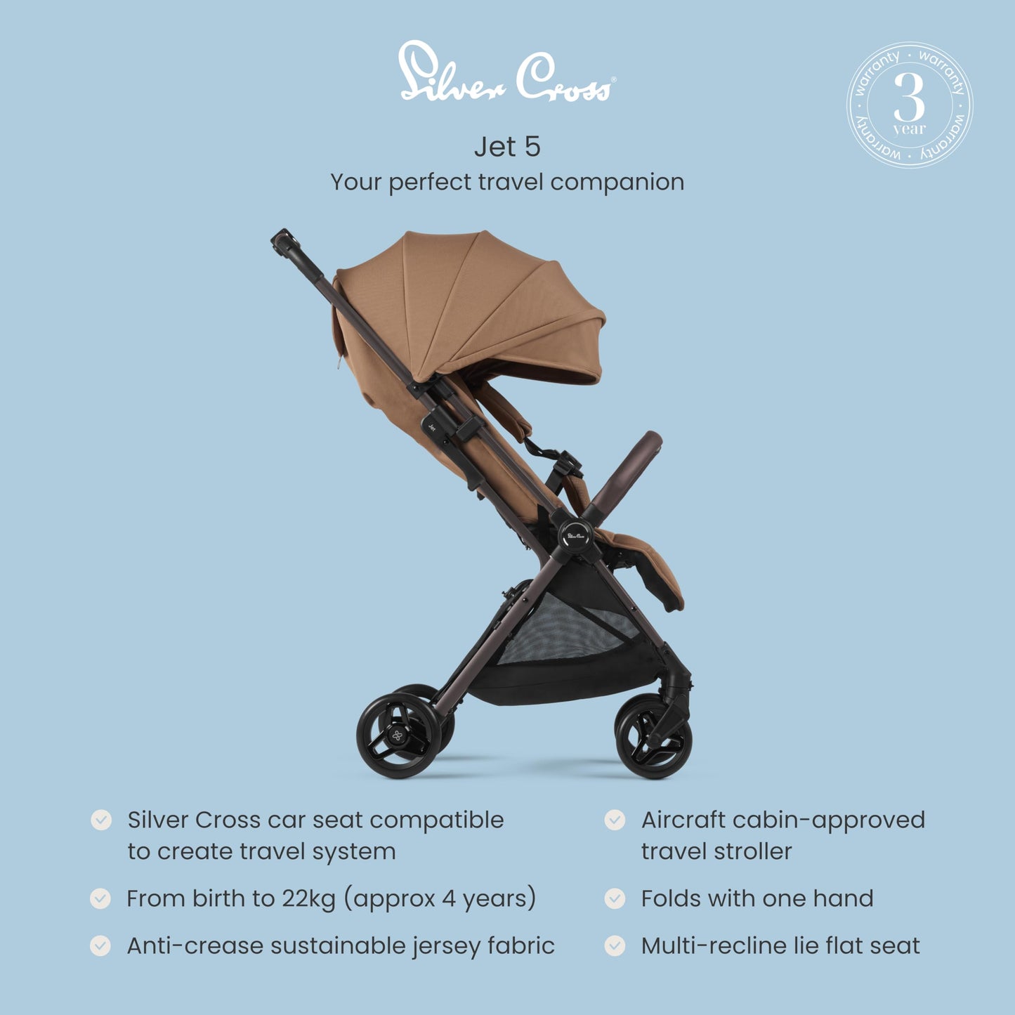 Silver Cross - Jet 5 Compact Pushchair - Travel Stroller - Foldable & Lightweight Stroller/Travel System - Cabin Size - Car Seat Compatible (Sold Separately) - Newborn to 4 Years - Cinnamon