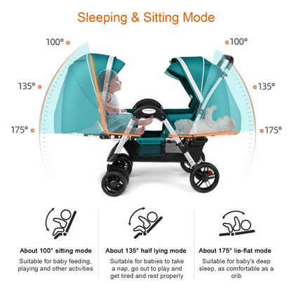 YCKEGEW Tandem Seating Baby Stroller Compact Twin Stroller-Face To Face,Foldable Umbrella Pushchair for Girls Boys,Oversized Canopy (Color : Silver Grey)