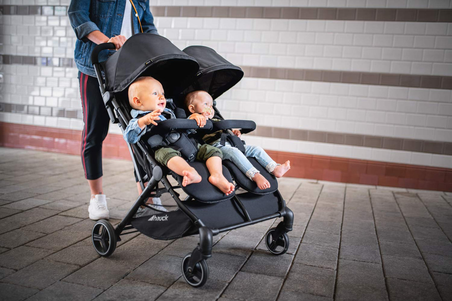 hauck Swift X Duo, Black - Twin Pushchair with Raincover, Side by Side Double Stroller (only 75 cm wide), Compact & One Hand Folding, Lie-Flat Position