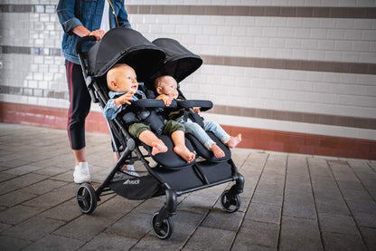 hauck Swift X Duo, Black - Twin Pushchair with Raincover, Side by Side Double Stroller (only 75 cm wide), Compact & One Hand Folding, Lie-Flat Position