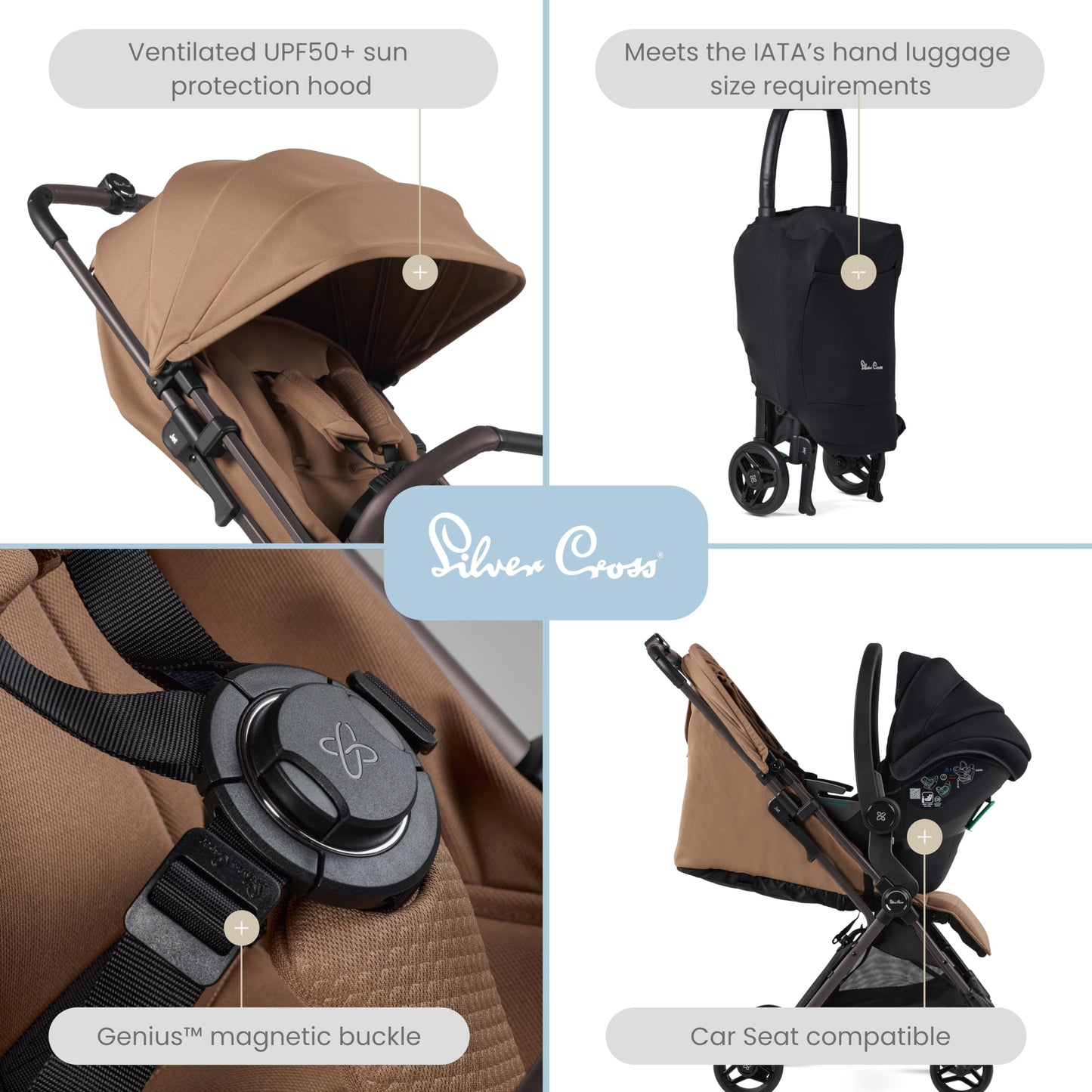 Silver Cross - Jet 5 Compact Pushchair - Travel Stroller - Foldable & Lightweight Stroller/Travel System - Cabin Size - Car Seat Compatible (Sold Separately) - Newborn to 4 Years - Cinnamon