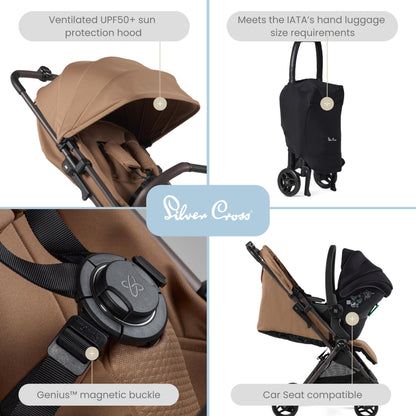 Silver Cross - Jet 5 Compact Pushchair - Travel Stroller - Foldable & Lightweight Stroller/Travel System - Cabin Size - Car Seat Compatible (Sold Separately) - Newborn to 4 Years - Cinnamon