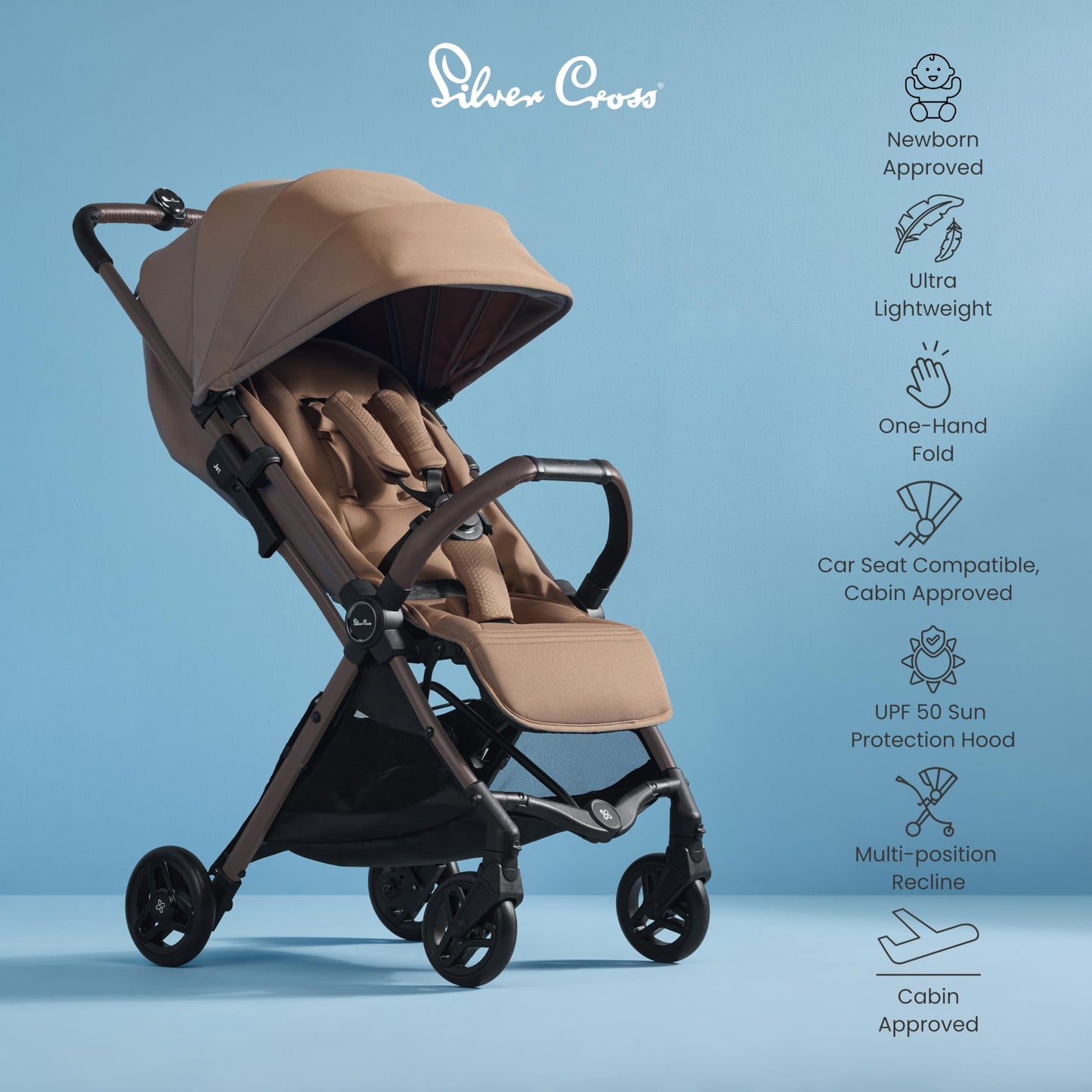 Silver Cross - Jet 5 Compact Pushchair - Travel Stroller - Foldable & Lightweight Stroller/Travel System - Cabin Size - Car Seat Compatible (Sold Separately) - Newborn to 4 Years - Cinnamon