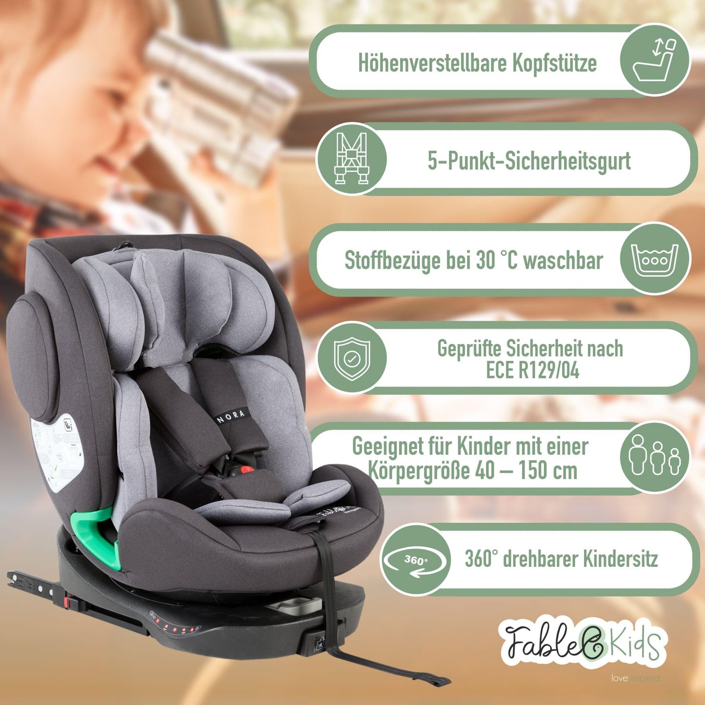 FableKids Nora Child car seat Gray | 360° rotatable i-Size Child car seat 40-150 cm | reboarder with ISOFIX & Support Leg | Height-Adjustable headrest & backrest | ECE R129/04 Certified