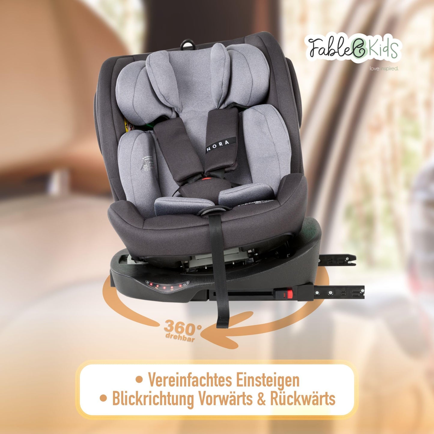 FableKids Nora Child car seat Gray | 360° rotatable i-Size Child car seat 40-150 cm | reboarder with ISOFIX & Support Leg | Height-Adjustable headrest & backrest | ECE R129/04 Certified