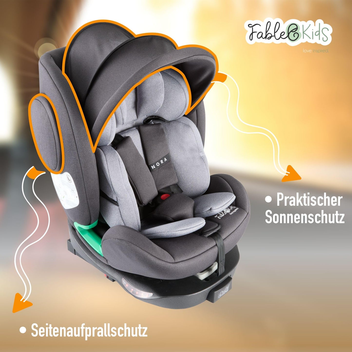 FableKids Nora Child car seat Gray | 360° rotatable i-Size Child car seat 40-150 cm | reboarder with ISOFIX & Support Leg | Height-Adjustable headrest & backrest | ECE R129/04 Certified